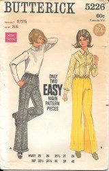 5226 BUTTERICK 1968 ELASTIC WAIST WIDE LEG PANTS 2 PIECES PATTERN 25.5" WAIST